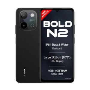 Lava Bold N2 (Indus Black, 4 GB RAM, 64 GB Storage) | 13MP AI Dual Rear Camera | Largest 6.75" HD+ Display | 5000 mAh Battery & 10W Charging | IP64 Water & Dust Proof | Charger & Phone-Case in Box