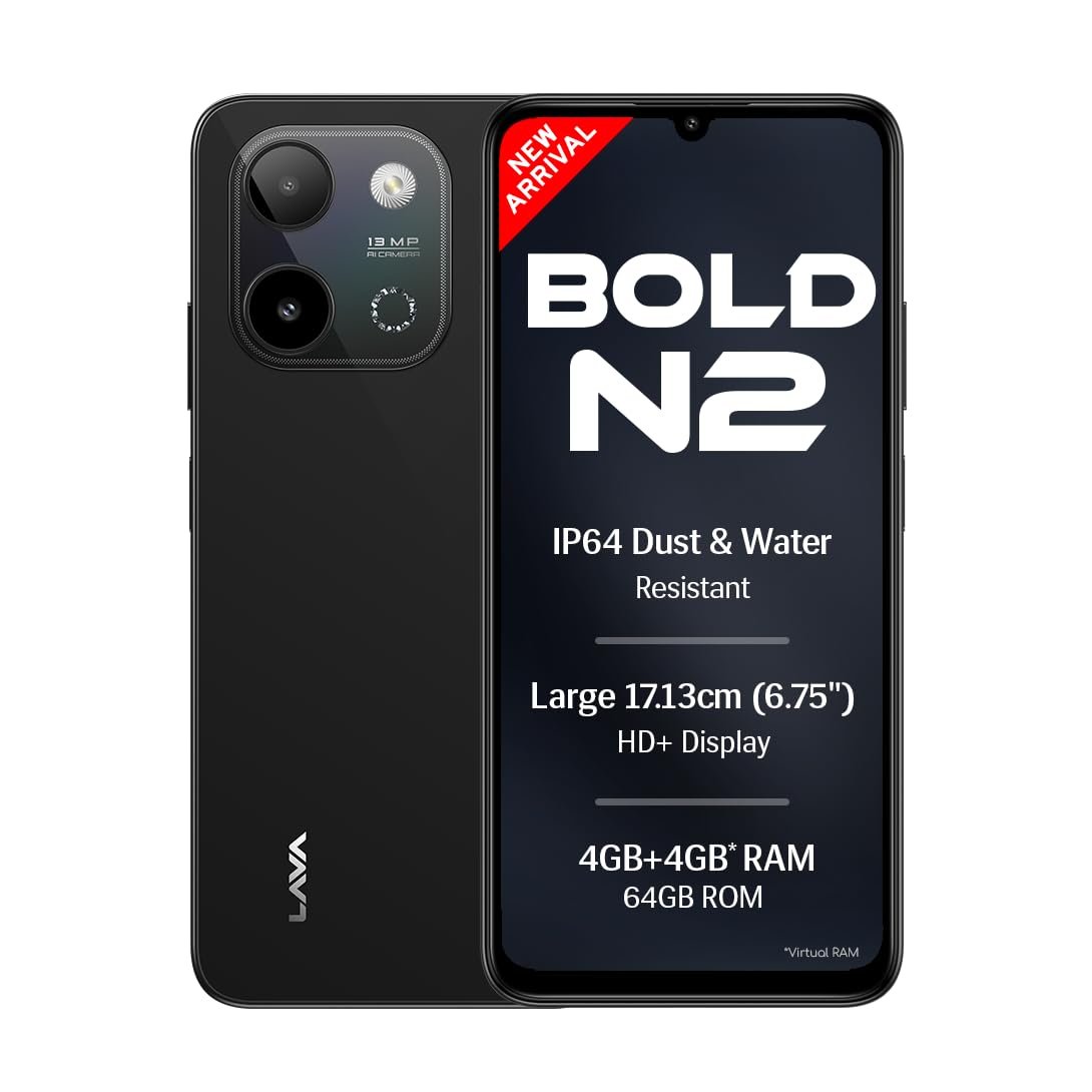 Lava Bold N2 (Indus Black, 4 GB RAM, 64 GB Storage) | 13MP AI Dual Rear Camera | Largest 6.75" HD+ Display | 5000 mAh Battery & 10W Charging | IP64 Water & Dust Proof | Charger & Phone-Case in Box