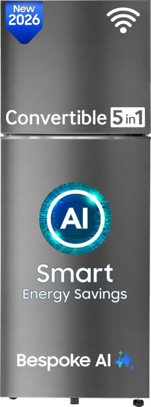Samsung 330 L, 3 Star, Convertible 5-in-1, Digital Inverter, Frost Free Double Door, WiFi Bespoke AI Refrigerator (RT34HG5A23S8HL, Silver, Elegant Inox, 2026 Model)
