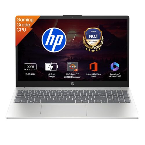 HP 15 Smartchoice, AMD Ryzen 7 7735HS (16GB DDR5,512GB SSD) FHD, Anti-Glare, Micro-Edge, 15.6”/39.6cm, Win11, M365 Basic(1yr)* Office24, Silver, 1.59kg, fc1038AU, FHD Camera w/Shutter, Backlit Laptop